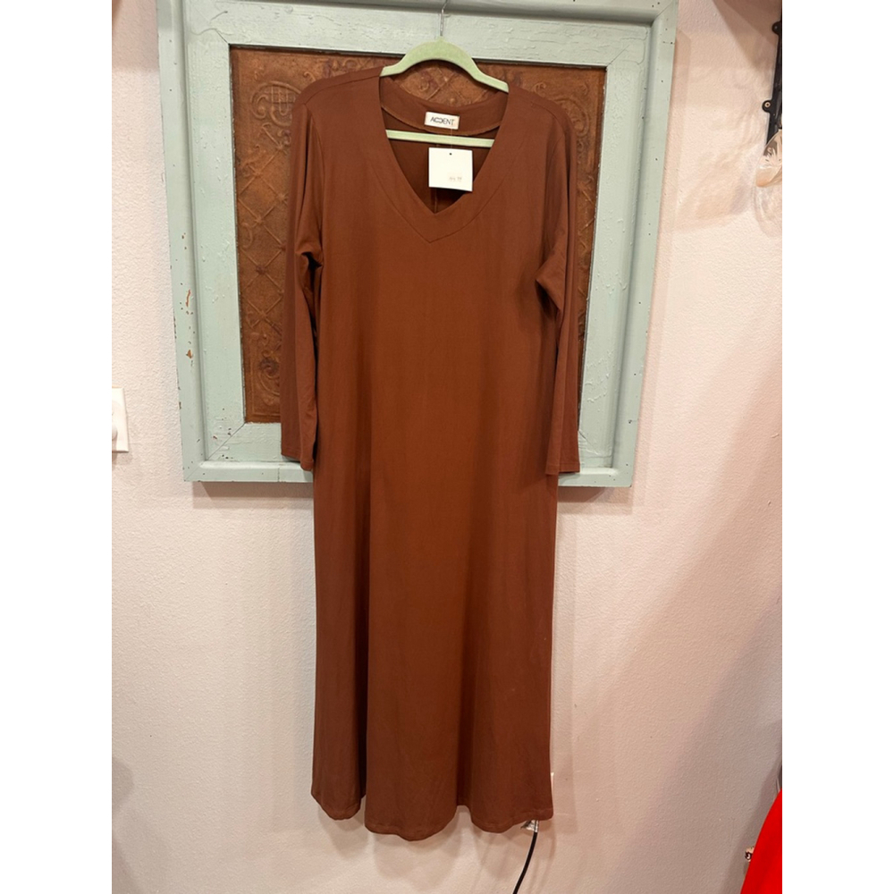 Women's Accent Brown Long Sleeve V-Neck Midi Dress, Size Unknown
